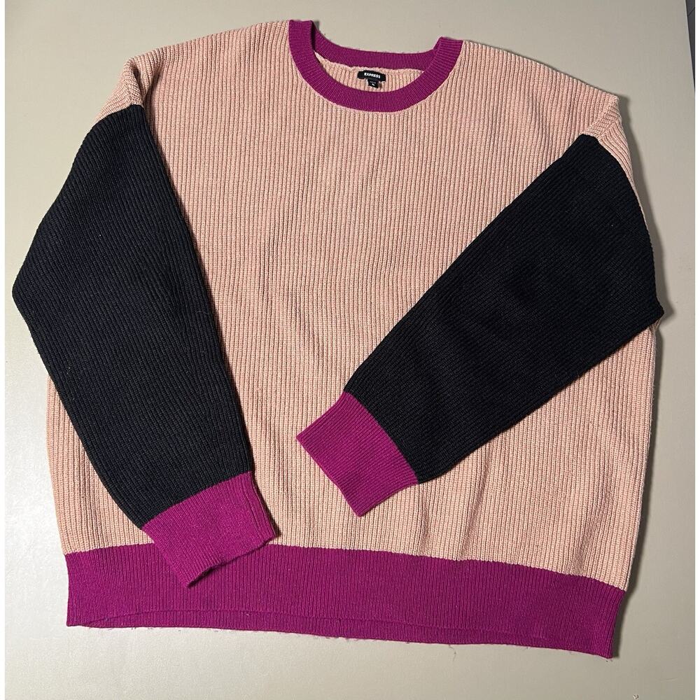 Express Women's Crewneck Long Sleeved Relaxed Fit Sweater XL Tan/Black/Fuschia